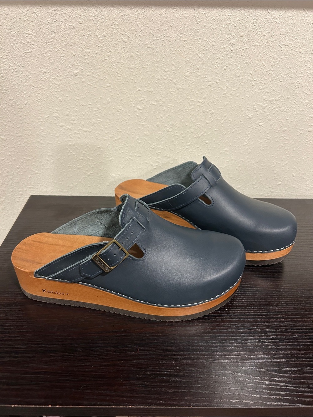 Klogs Navy Leather Clog Mules with Wood-Look Sole